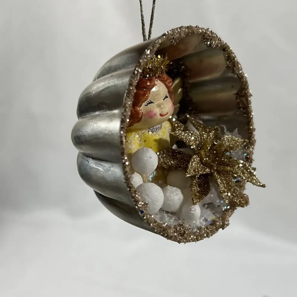 Vintage Round Tart Tin Angel Snow Diorama Mid Century Style Glitter Ornament